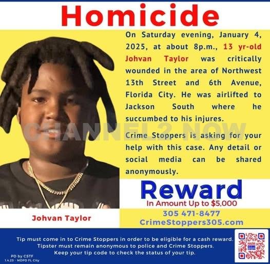 Homestead, FL - A Florida City neighborhood was the scene of a devastating incident Saturday night when 13-year-old Johvan Taylor was fatally shot.