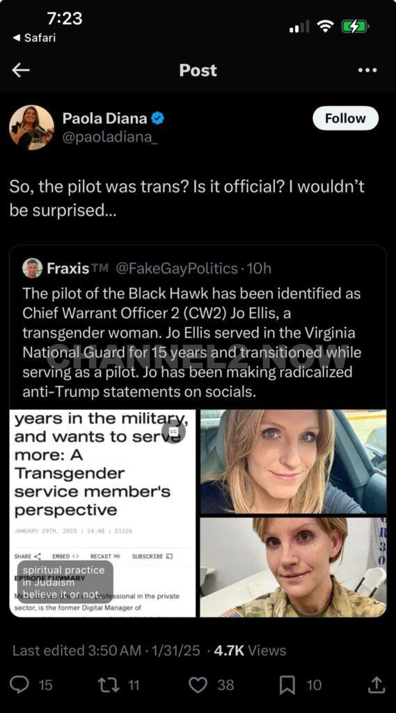 A transgender National Guard pilot has spoken out after being falsely accused on social media of piloting the Black Hawk helicopter involved in the fatal midair collision with a passenger jet near Washington, D.C., on Wednesday, which claimed 67 lives.
Jo Ellis, a UH-60 Black Hawk helicopter pilot for the Virginia Army National Guard, addressed the misinformation in a Facebook post on Friday, denouncing the baseless claims that had gained traction online.