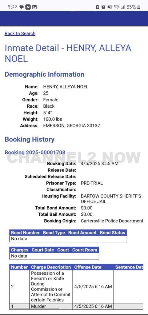 CARTERSVILLE, Ga. — Authorities in Cartersville have arrested a 25-year-old woman Alleya Noel Henry following a deadly shooting late Friday night in the parking lot of a local gas station.According to the Cartersville Police Department, officers were dispatched at approximately 11:14 p.m. on April 4, 2025, to the Victory Fuels gas station located at 118 North Tennessee Street.