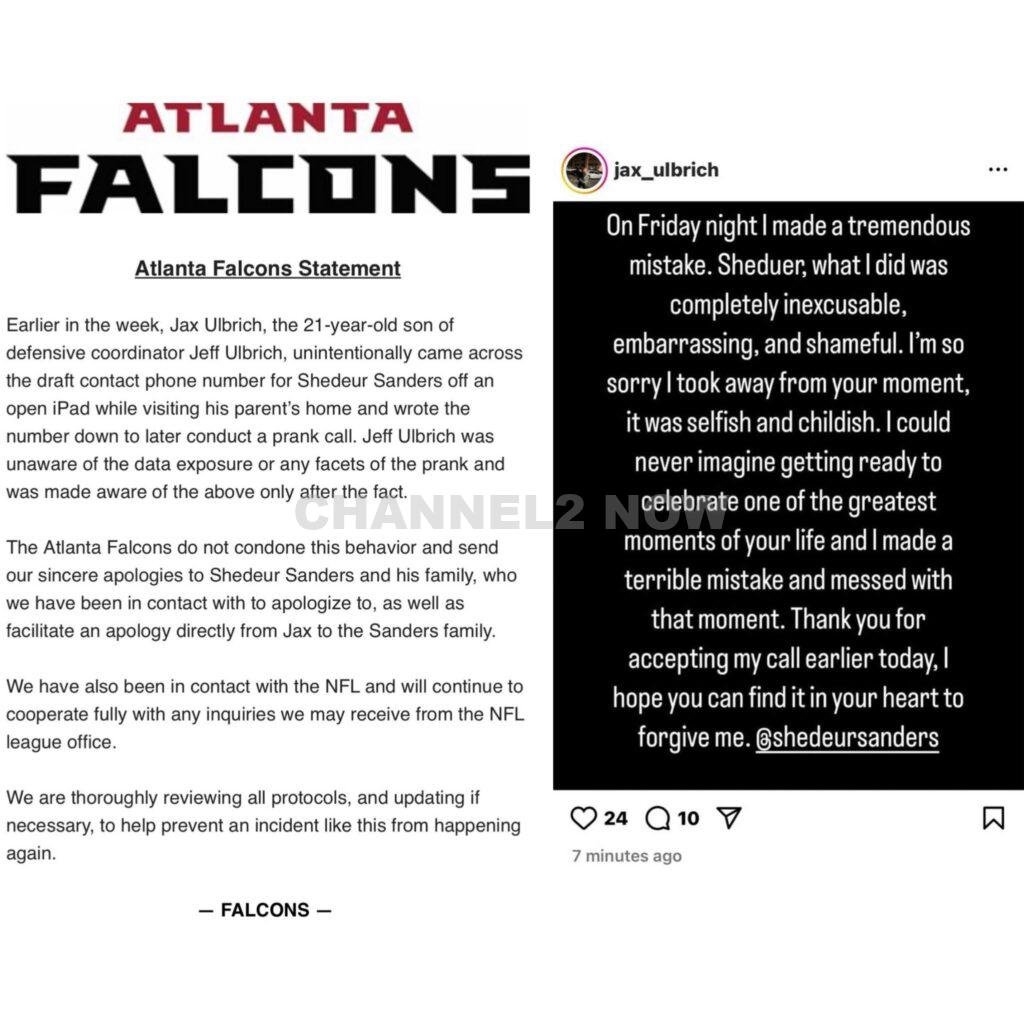 The Atlanta Falcons have issued a formal statement regarding a prank call made to NFL draft prospect Shedeur Sanders, confirming that the call was carried out by Jax Ulbrich, the 21-year-old son of Falcons defensive coordinator Jeff Ulbrich.